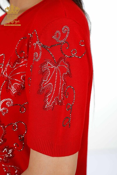 Wholesale Women's Knitwear Leaf Patterned American Model Stone Embroidered - 15862 | KAZEE - Thumbnail