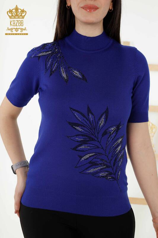 Wholesale Women's Knitwear Sweater - Leaf Patterned - Dark Blue - 16716 | KAZEE