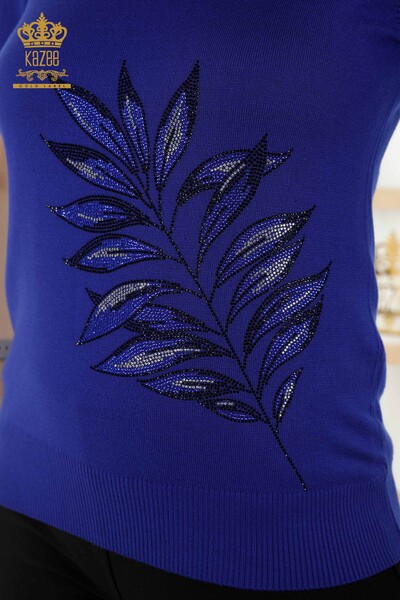 Wholesale Women's Knitwear Sweater - Leaf Patterned - Dark Blue - 16716 | KAZEE - Thumbnail