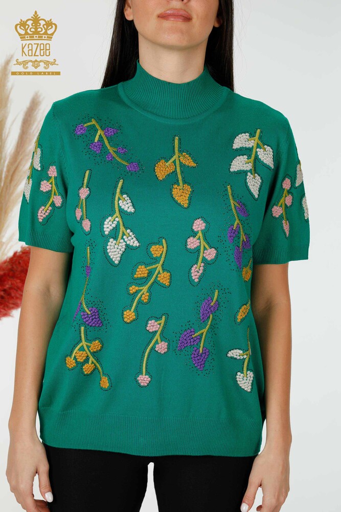 Wholesale Women's Knitwear Leaf Patterned Green - 16753 | KAZEE - 2