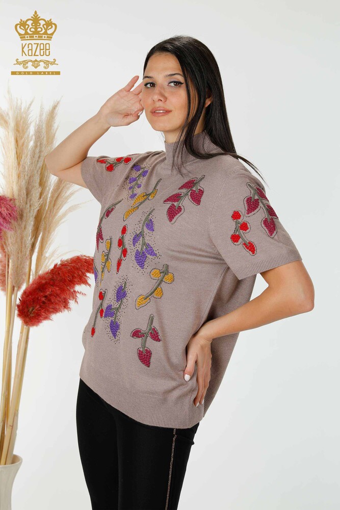 Wholesale Women's Knitwear Leaf Patterned Mink - 16753 | KAZEE - 1