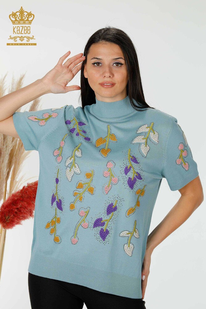 Wholesale Women's Knitwear Leaf Patterned Mint - 16753 | KAZEE - 1