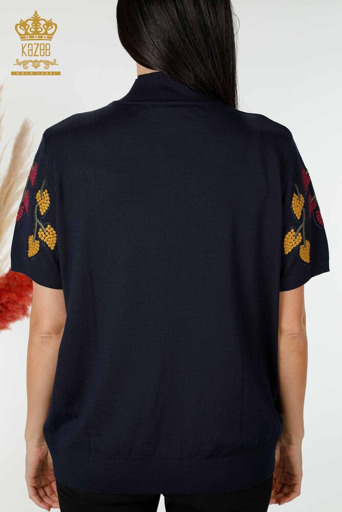 Wholesale Women's Knitwear Leaf Patterned Navy - 16753 | KAZEE - 8