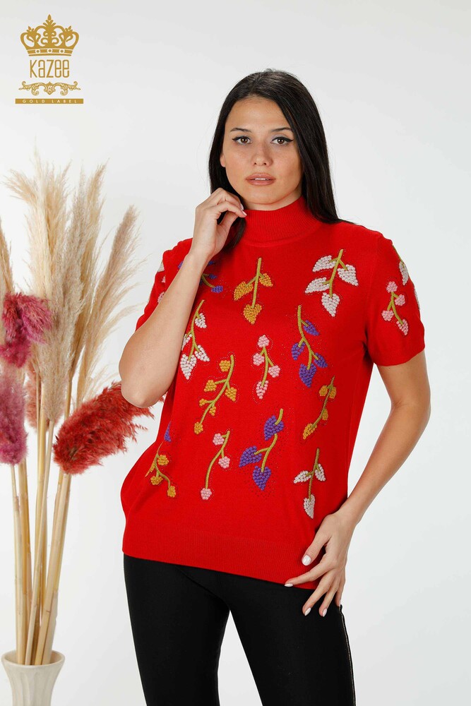 Wholesale Women's Knitwear Leaf Patterned Red - 16753 | KAZEE - 1