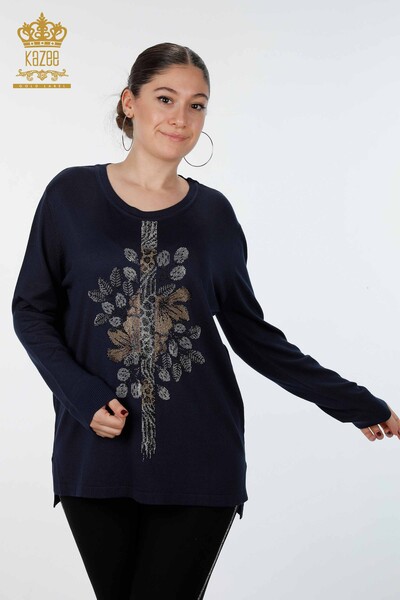 Wholesale Women's Knitwear With Leopard And Flower Embroidered Stones - 16456 | KAZEE - Thumbnail