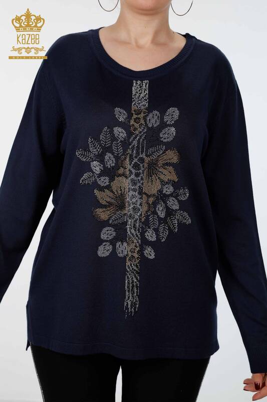 Wholesale Women's Knitwear With Leopard And Flower Embroidered Stones - 16456 | KAZEE
