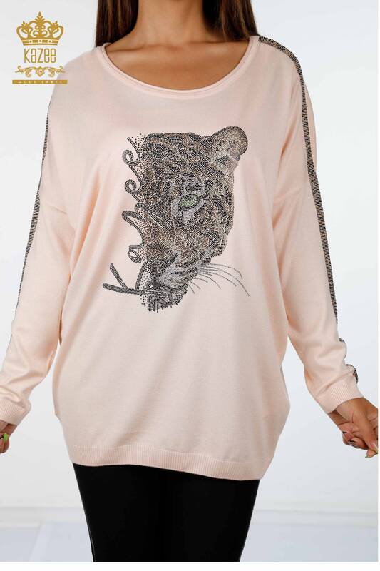 Wholesale Women's Knitwear Leopard Pattern Embroidered Letter Detailed - 16157 | KAZEE