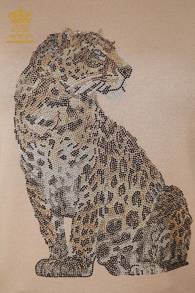 Wholesale Women's Knitwear Leopard Patterned Sleeve Stripe Embroidered Short Sleeve - 16856 | KAZEE - Thumbnail