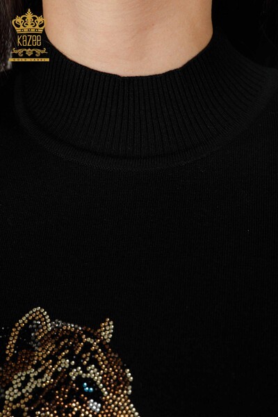 Wholesale Women's Knitwear Leopard Patterned Sleeve Stripe Embroidered Short Sleeve - 16856 | KAZEE - Thumbnail
