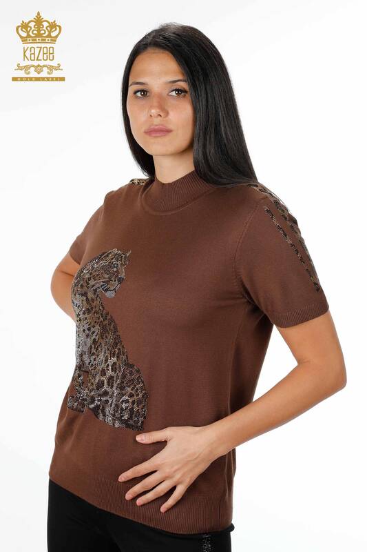 Wholesale Women's Knitwear Leopard Patterned Sleeve Stripe Embroidered Short Sleeve - 16856 | KAZEE