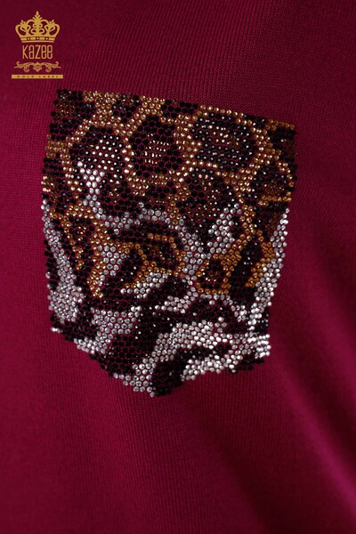 Wholesale Women's Knitwear Leopard Pocket Embroidered Sleeve Strip Embroidered - 16924 | KAZEE - Thumbnail