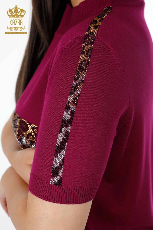 Wholesale Women's Knitwear Leopard Pocket Embroidered Sleeve Strip Embroidered - 16924 | KAZEE