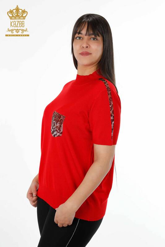 Wholesale Women's Knitwear Leopard Pocket Embroidered Sleeve Strip Embroidered - 16924 | KAZEE