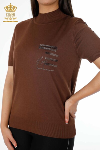 Wholesale Women's Knitwear Line Text Stone Embroidered Sleeve Strip Detailed - 16933 | KAZEE - Thumbnail