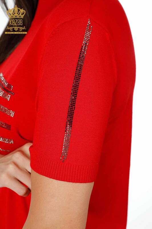 Wholesale Women's Knitwear Line Text Stone Embroidered Sleeve Strip Detailed - 16933 | KAZEE