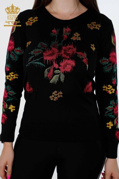 Wholesale Women's Knitwear Rose Patterned Embroidery Stone Embroidered - 16643 | KAZEE - Thumbnail