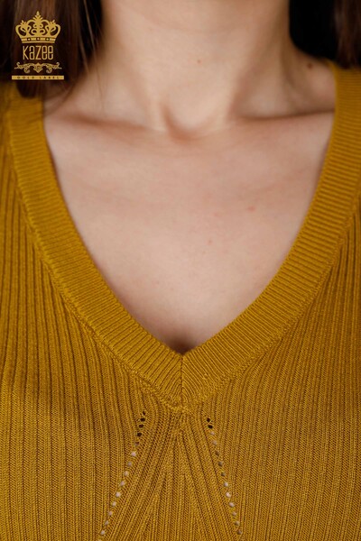 Wholesale Women's Knitwear Braided Hole Detailed V Neck Viscose - 16240 | KAZEE - Thumbnail