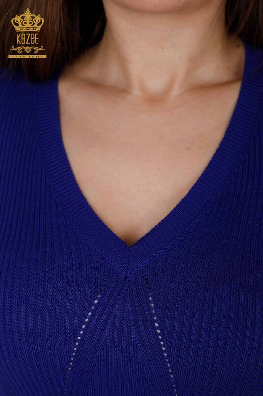Wholesale Women's Knitwear Braided Hole Detailed V Neck Viscose - 16240 | KAZEE