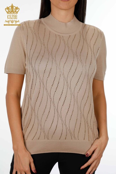 Wholesale Women's Knitwear Short Sleeve Line Detailed Stony Collar - 16718 | KAZEE - Thumbnail
