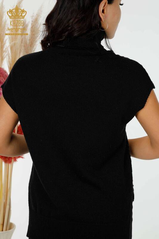 Wholesale Women's Knitwear Shoulder Crystal Stone Embroidered Black - 30097 | KAZEE