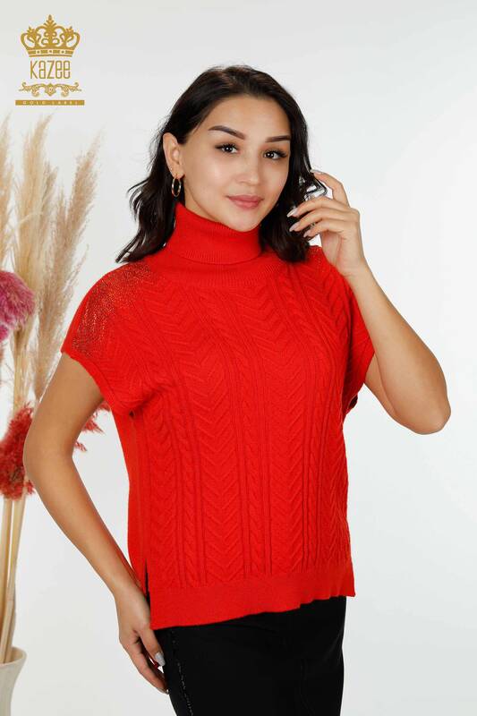 Wholesale Women's Knitwear Shoulder Crystal Stone Embroidered Coral - 30097 | KAZEE
