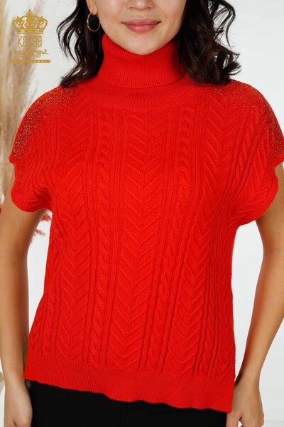Wholesale Women's Knitwear Shoulder Crystal Stone Embroidered Coral - 30097 | KAZEE - Thumbnail