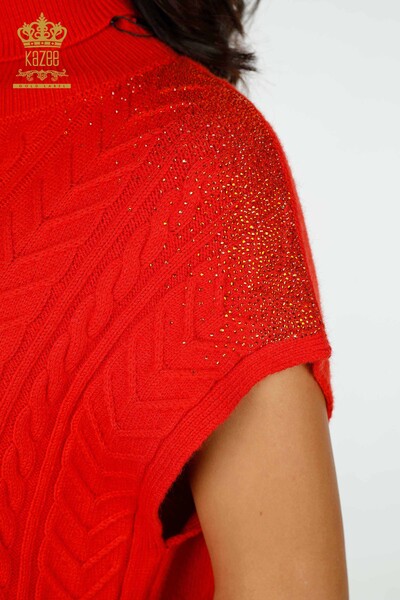 Wholesale Women's Knitwear Shoulder Crystal Stone Embroidered Coral - 30097 | KAZEE - Thumbnail