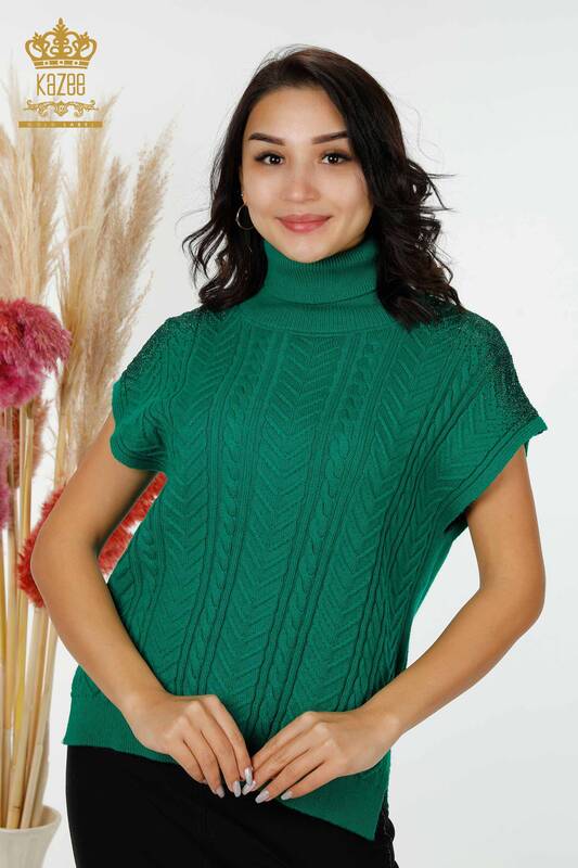 Wholesale Women's Knitwear Shoulder Crystal Stone Embroidered Green - 30097 | KAZEE