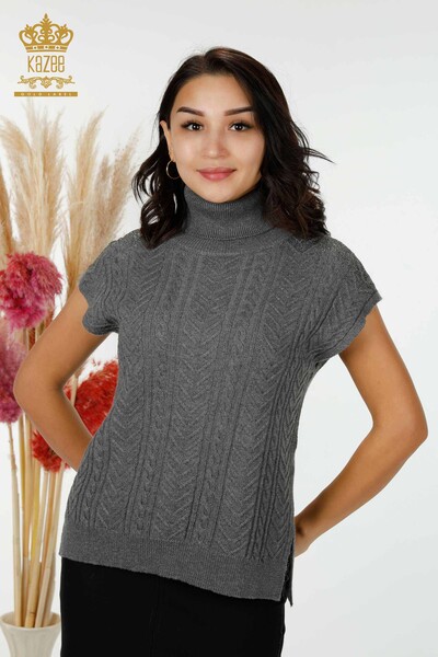 Wholesale Women's Knitwear Shoulder Crystal Stone Embroidered Gray - 30097 | KAZEE - Thumbnail