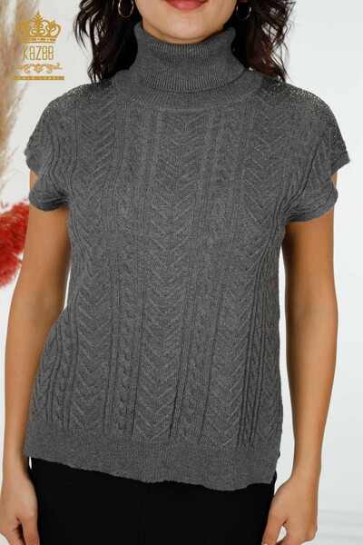 Wholesale Women's Knitwear Shoulder Crystal Stone Embroidered Gray - 30097 | KAZEE - Thumbnail