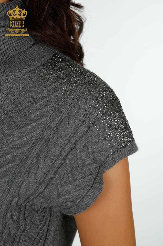 Wholesale Women's Knitwear Shoulder Crystal Stone Embroidered Gray - 30097 | KAZEE