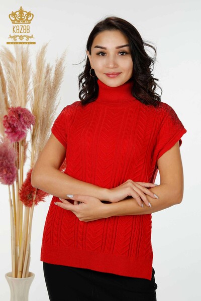 Wholesale Women's Knitwear Shoulder Crystal Stone Embroidered Red - 30097 | KAZEE - Thumbnail