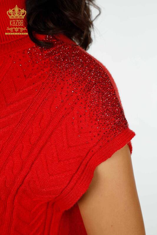 Wholesale Women's Knitwear Shoulder Crystal Stone Embroidered Red - 30097 | KAZEE