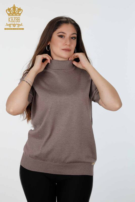 Wholesale Women's Knitwear Glitter Transition Short Sleeve Stand Collar Basic - 16685 | KAZEE