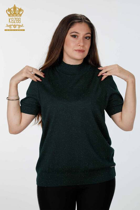 Wholesale Women's Knitwear Glitter Transition Short Sleeve Stand Collar Basic - 16685 | KAZEE