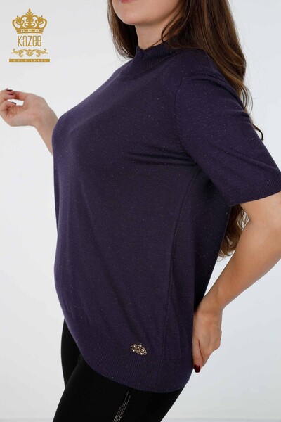 Wholesale Women's Knitwear Glitter Transition Short Sleeve Stand Collar Basic - 16685 | KAZEE - Thumbnail