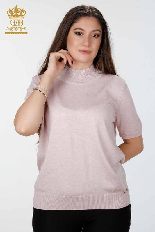 Wholesale Women's Knitwear Glitter Transition Short Sleeve Stand Up Collar Basic - 16686 | KAZEE