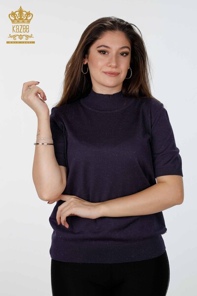 Wholesale Women's Knitwear Glitter Transition Short Sleeve Stand Up Collar Basic - 16686 | KAZEE - Kazee