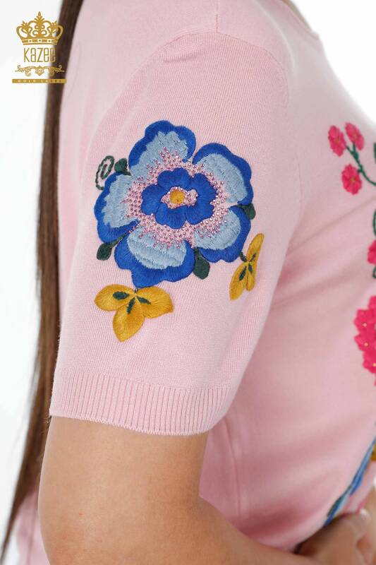 Wholesale Women's Knitwear Sleeve Detailed Floral Embroidered Short Sleeve With Stone - 16752 | KAZEE