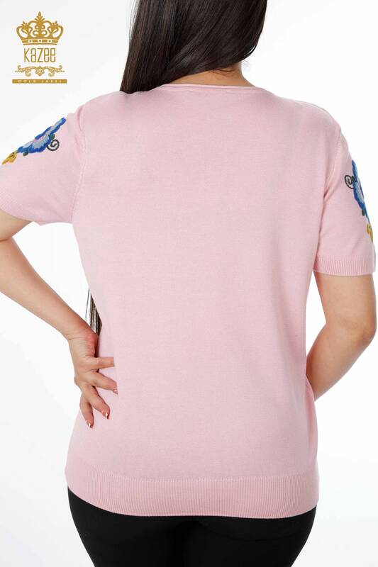 Wholesale Women's Knitwear Sleeve Detailed Floral Embroidered Short Sleeve With Stone - 16752 | KAZEE