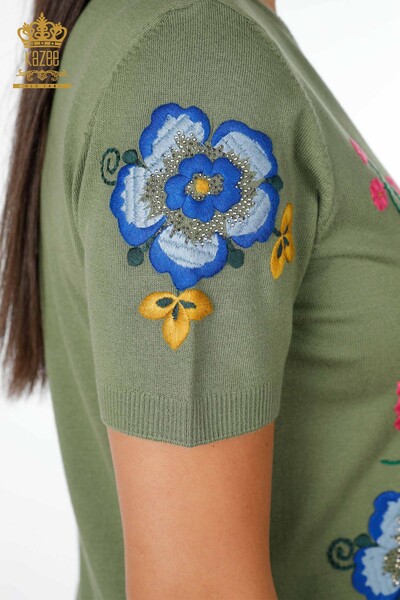 Wholesale Women's Knitwear Sleeve Detailed Floral Embroidered Short Sleeve With Stone - 16752 | KAZEE - Thumbnail