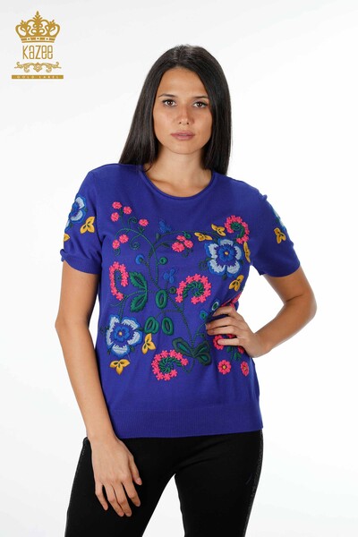 Wholesale Women's Knitwear Sleeve Detailed Floral Embroidered Short Sleeve With Stone - 16752 | KAZEE - Thumbnail