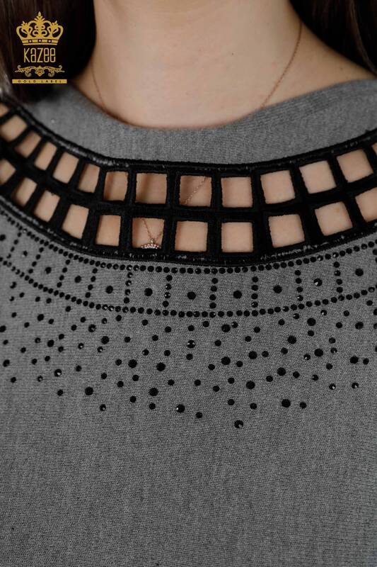 Wholesale Women's Knitwear Sleeve Detailed Stone Embroidered Crew Neck - 15273 | KAZEE