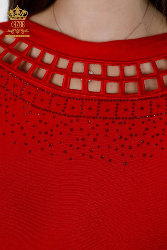 Wholesale Women's Knitwear Sleeve Detailed Stone Embroidered Crew Neck - 15273 | KAZEE