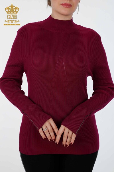 Wholesale Women's Knitwear Sleeve Detailed Stone Embroidered Stand Up Collar - 16248 | KAZEE - Thumbnail