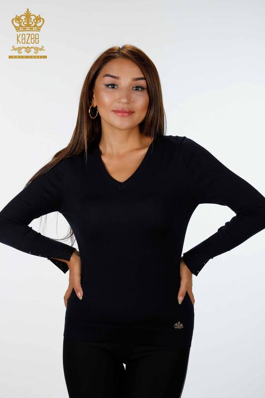 Wholesale Women's Knitwear Sleeve Detailed V Neck Basic Long Sleeve - 14339 | KAZEE