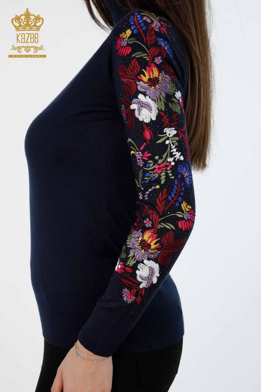 Wholesale Women's Knitwear Sleeves Floral Detailed Turtleneck - 16642 | KAZEE