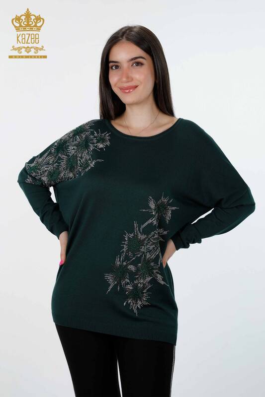 Wholesale Women's Knitwear Stone Embroidered Patterned Crew Neck - 16598 | KAZEE