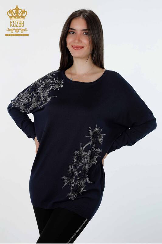 Wholesale Women's Knitwear Stone Embroidered Patterned Crew Neck - 16598 | KAZEE