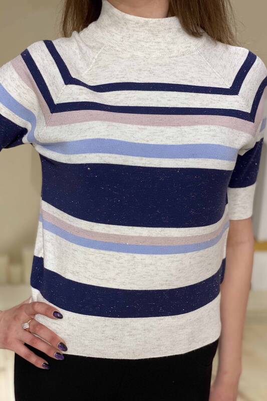 Wholesale Women's Knitwear Striped Short Sleeve - 16259 | KAZEE